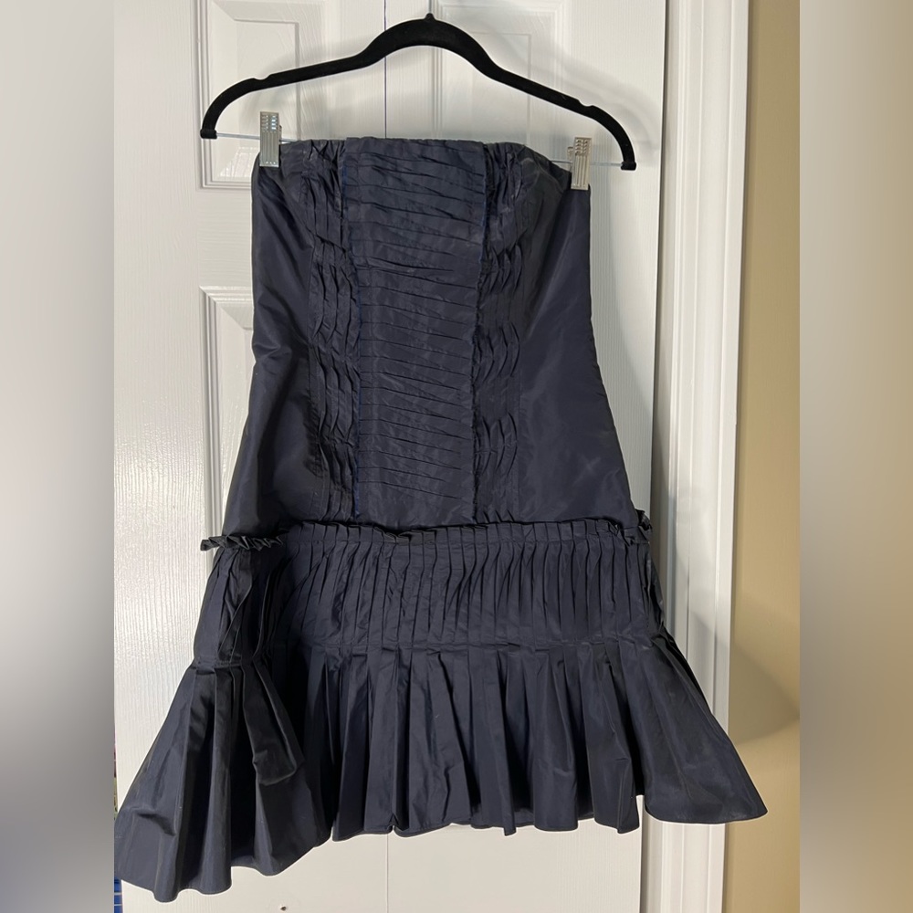 BCBGMAXAZRIA Dark Blue Strapless Mini Dress with Pleating Detail